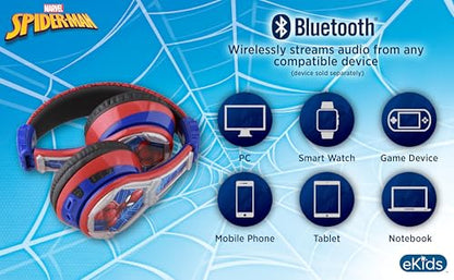 eKids Spiderman Wireless Bluetooth Portable Headphones with Microphone, Volume Reduced to Protect Hearing Rechargeable Battery, Adjustable Kids Headband for School Home or Travel | Volume Reduced and Built-in Microphone - color: Spiderman