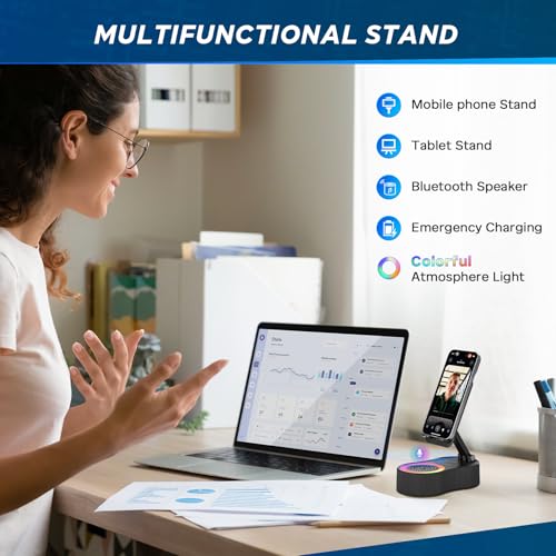 Cell Phone Stand with Bluetooth Speaker - Wireless Bluetooth Speaker with 360° Rotatable Phone Holder, Multifunctional Adjustable Stand with Charging Compatible with Tablet for Home Desk (Black) - color: Black