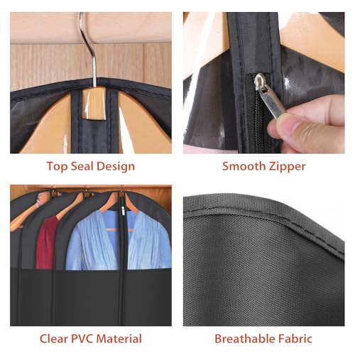 Univivi Garment Bag Suit Bag for Storage and Travel, 40 Inch, Set of 6 | Travel Bag with Zipper and Visible Transparent Window, Oxford Fabrics, Foldable Washable Suit Cover for Jacket, Suits, Coats - size: 24"X40"-6pcs - Black