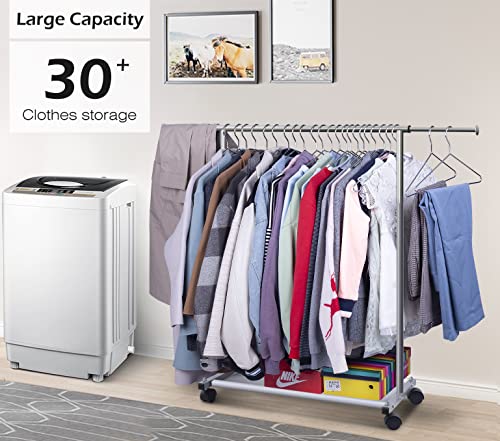 MISSLO Short Clothing Racks for Hanging Clothes with Bottom Shelves and Wheels Heavy Duty Rolling Clothes Rack Kids Clothing Rack for Adult Coat, Closet, Wardrobe - color: Silver