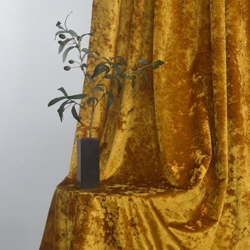 Lux Warm Gold Crushed Velvet Curtains 2 Panel Set - 108 inches Long Room Darkening Luxury Distressed Velvet Rod Pocket Window Drapes for Living Room Bedroom 52" W x 108" L - color: Warm Gold, size: 52"W x 108"L (Pack of 2)