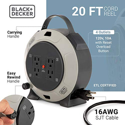 BLACK+DECKER 20 Ft. Retractable Extension Cord Reel, 4 Outlets | 16 AWG SJT cable, thermal breaker reset button, multi-plug design, heavy-duty - size: 20 ft