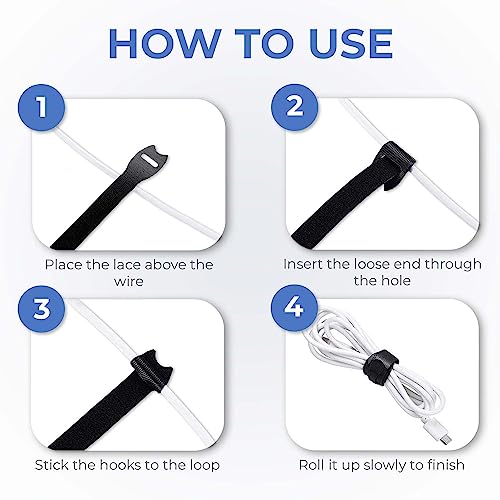 Starument Hook and Loop Cable Ties (8 x 1/2 inch, 100-pack), Premium Industrial Grade and Reusable Fastening Cord Straps for Home, Office and Outdoors, Black