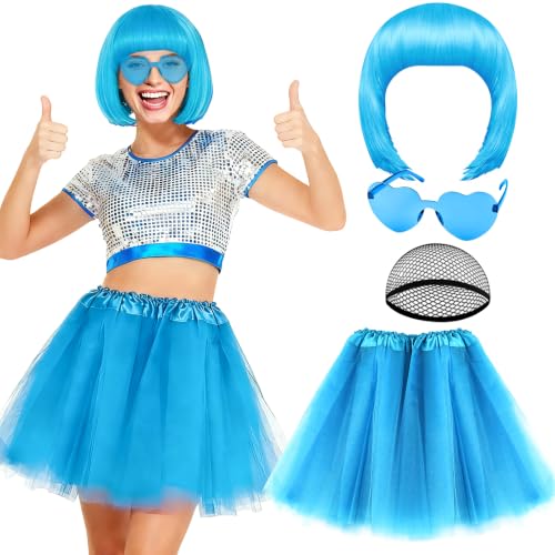 PLULON Light Blue Bob Wig Tutu Heart Sunglasses for Women Costume, Neon Bobs Party Wigs 80s Disco Tulle Skirt for Drag Queen Birthday Theme Bachelorette Party Music Festivals Ballet - color: Light Blue