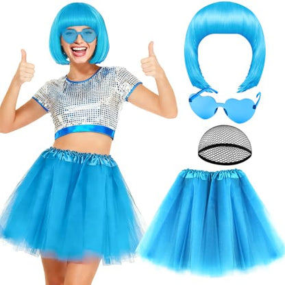 PLULON Light Blue Bob Wig Tutu Heart Sunglasses for Women Costume, Neon Bobs Party Wigs 80s Disco Tulle Skirt for Drag Queen Birthday Theme Bachelorette Party Music Festivals Ballet - color: Light Blue