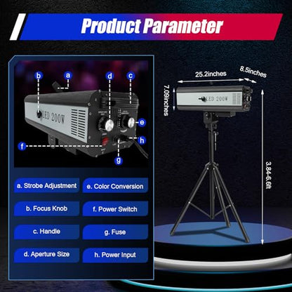 200W LED Follow Spotlight Stage Light, AC 110V Adjustable Aperture LED DJ Performance Lights with Stand, Manual Control Follow Spot Light DJ Wash Light w/Stand