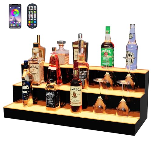 MESAlLUP 30 Inch 3 Tier Lighted Liquor Bottle Display Shelf, LED Bar Shelves with APP or Remote Control, Mulit Color Lighting for Home Mini Bars Decor, Restaurants & Party Use, Acrylic Stand - size: 3 Tiers 30 inches