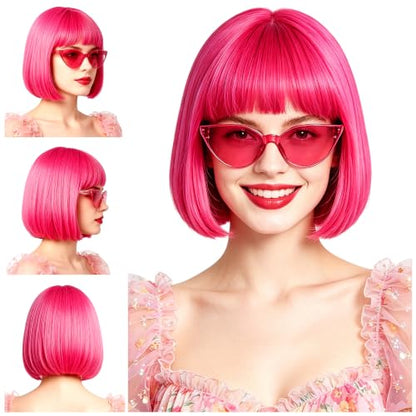 Short Bob Straight Hair Wigs with Bangs, Synthetic Fiber Colorful Hair, Cat Eye Glasses for Women (Hot Pink) - color: Hot Pink