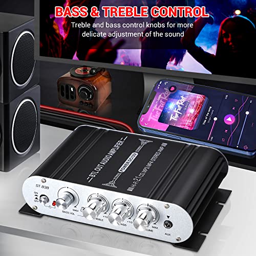 Facmogu ST-838 2.1CH Mini Amplifier, RMS 20Wx2 + 40W Passive Subwoofer Amp | Bass & Treble Control | RCA/AUX Input | Compact Stereo Audio Receiver for Home, Car & DIY Speakers | w/Power Supply - Black - color: ST-838 Black (20Wx2 + Passive Subwoofer)