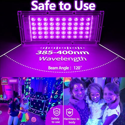 1 Pack 50W Black Lights for Glow Party,Halloween Blacklight | For Glow Party,Halloween,Body Painting,Birthday Party,Fluorescent Painting and Fluorescent Tapestry,Waterproof,with 6FT Cord