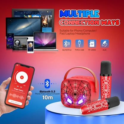 Mini Karaoke Machine Toys Gifts: Kids Toys Birthday Gifts for 4 5 6 7 8 9 Years Old Girl Boy LED Portable Bluetooth Speaker with 2 Wireless Microphone Girl Gift Age 3-12+ - color: Red