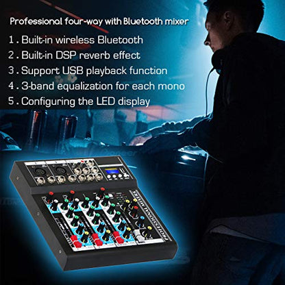 Depusheng HT4 Bluetooth Compatible Professional Portable Digital DJ Console w/USB 4 Channel Mixer Audio Interface-Mixing Boards For Studio Recording, Black - size: 4-Channel Mixer