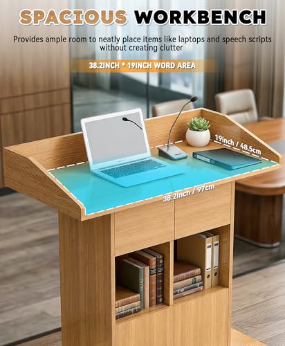 Wood Podium, Wooden Chuch Pulpit Stand, Podium with 3 Levels of Storage, Floor Standing for Office School Home Conference Restaurant Meeting (Yellow)