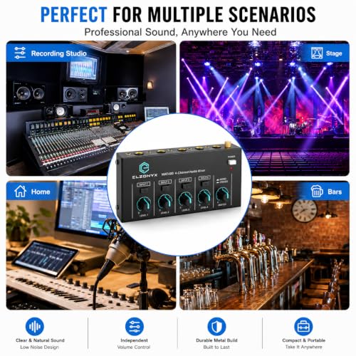 4 Channel Mini Audio Mixer, Stereo Line Mixer with Mono/Stereo Switch, Ultra-Low Noise Sub-Mixer, 1/4" & 1/8" TS/TRS I/O, 5V Adapter, for Keyboard, Guitar, Bass, Electronic Drums