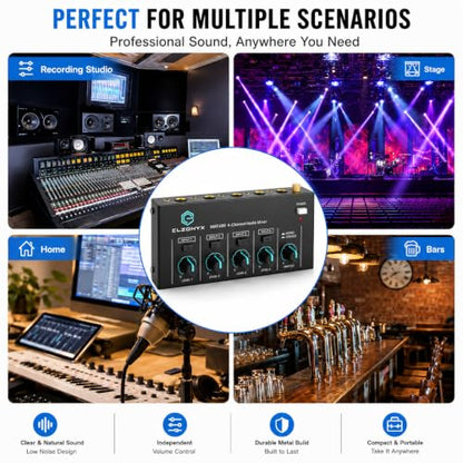 4 Channel Mini Audio Mixer, Stereo Line Mixer with Mono/Stereo Switch, Ultra-Low Noise Sub-Mixer, 1/4" & 1/8" TS/TRS I/O, 5V Adapter, for Keyboard, Guitar, Bass, Electronic Drums