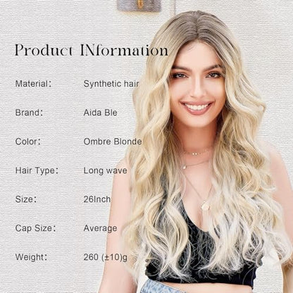 Aida ble Blonde Ombre Wig for Women 26inch Long Wavy Middle Part Wig | Natural Looking Synthetic Hair,Suitable for Daily Wear,Party,Halloween and Cosplay,Beginner-friendly,Lightweight and soft - color: Ombre Blonde