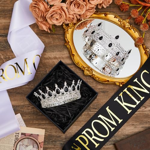 4 Pcs Prom King Queen Crowns Gold, M, Black Diamond | Gold Tiaras with AB Diamond Stones, Sashes Included, Royalty Crowns for Homecoming Birthday Halloween Wedding Party Costume - color: Black Diamond
