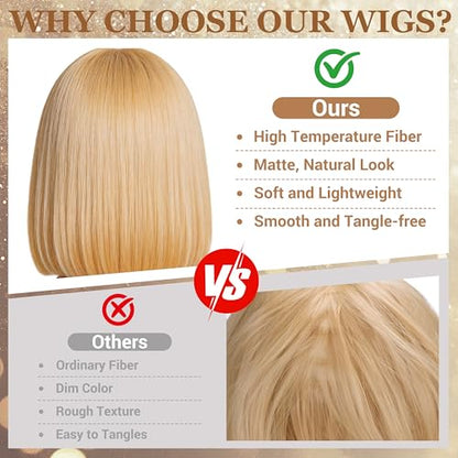 Short Bob Straight Hair Wigs with Bangs, Heat Resistant Fiber Hair, Heart-shaped Glasses for Women (Light Gold) - color: Light Gold