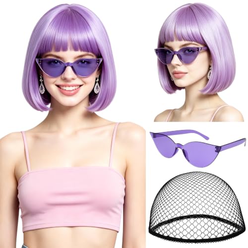 Short Bob Straight Hair Wigs with Bangs, Heat Resistant Fiber Hair, Cat Eye Glasses for Women (Pink-Purple) - color: Pink-Purple