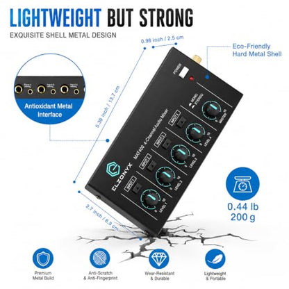 4 Channel Mini Audio Mixer, Stereo Line Mixer with Mono/Stereo Switch, Ultra-Low Noise Sub-Mixer, 1/4" & 1/8" TS/TRS I/O, 5V Adapter, for Keyboard, Guitar, Bass, Electronic Drums