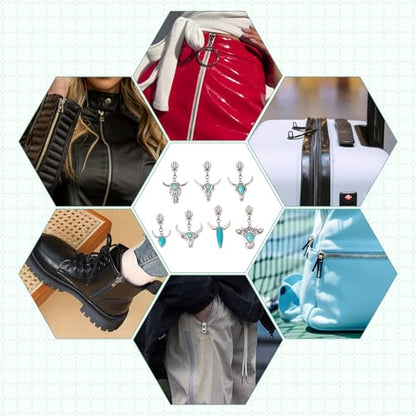 Sparkeads 14Pcs Turquoise Alloy Zipper Replacement Slider,Antique Silver Zippers Sliders for Sewing,Metal Zipper Pull Replacement for DIY Craft Bag Luggage Clothing Wallet Jacket Supplies-Cattle Head - style: Cattle Head