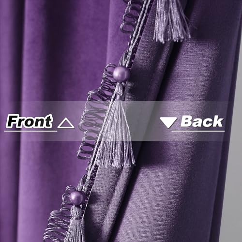 Fazhesici Purple Velvet Blackout Curtains, Rod Pocket 2 Panels, 52”W x 72”H | Velvet Drapes with Tassels, Thermal Soundproof Blackout Curtains for Living Room - color: Purple, size: 52"W x 72"L (Pack of 2)