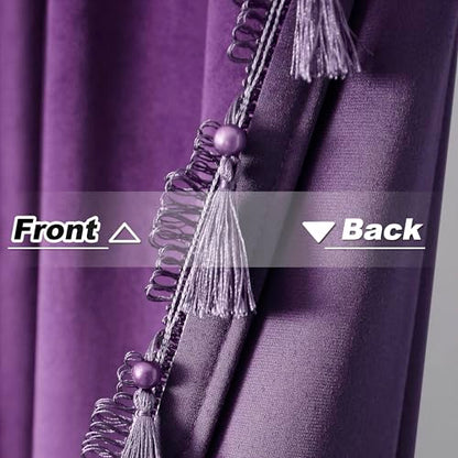 Fazhesici Purple Velvet Blackout Curtains, Rod Pocket 2 Panels, 52”W x 72”H | Velvet Drapes with Tassels, Thermal Soundproof Blackout Curtains for Living Room - color: Purple, size: 52"W x 72"L (Pack of 2)