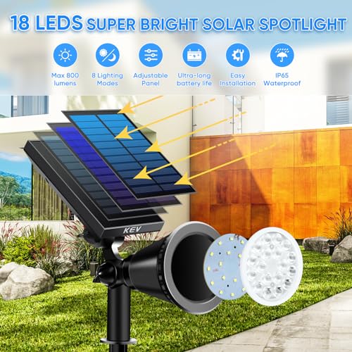 KEV 800 Lumens Solar Spot Lights Outdoor,4 Pack 18 LEDs Solar Flood Lights with 2 Modes &Adjustable &IPX65 Waterproof,Solar Spotlight for Driveway/Backyard/Patio Landscape/Tree/Garage(Warm White) - color: Warm White-4 Pack