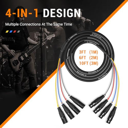 Phenyx Pro 4-Channel 6 ft XLR Microphone Snake Cable PCBL-4IN1-6 | 4-in-1 Color-Coded Design, 3-Pin Male-to-Female XLR, 24 AWG OFC Copper, Mixers, IEM, Mic Systems - size: 6 Feet