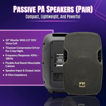 Pa System with Wireless Microphone and Speakers 10" 2000W Built-in Amp | Audio Mixer for DJ party PA kit with Wireless UHF Mic, 6-channel mixer, Dual Wireless UHF mic, 800W Speaker and Dual Stands - size: 10 inch