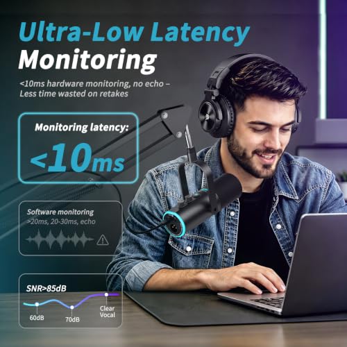 XLR/USB Dynamic Podcast Microphone for Streaming/Recording/Gaming | Mute Button, Reverb Effects, Noise Cancellation, RGB Light Boom Arm Stand, Headphones Jack,SNR>85dB - size: With Boom Arm