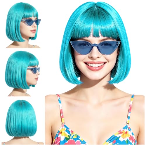 Short Bob Straight Hair Wigs with Bangs, Synthetic Fiber Colorful Hair, Cat Eye Glasses for Women (Sky Blue) - color: Sky Blue