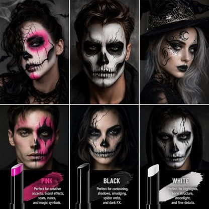 SUNNYVALE 3pcs of Black, White and Pink Facial and Body Painting Sticks, Hypoallergenic Foundation, Suitable For Cosplay Of Skeleton Gothic And Vampire, SFX Halloween Makeup Kit - color: White & Black & Pink