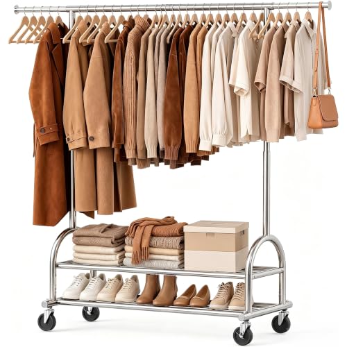 Heavy Duty Metal Clothes Rack Load 586 LBS, Height‑Adjustable Rolling Garment Rack for Hanging Clothes, Sturdy Wheel Clothing Rack with 2 Shelves, Portable Closet Wardrobe Organizer Rack, Silver - color: Silver