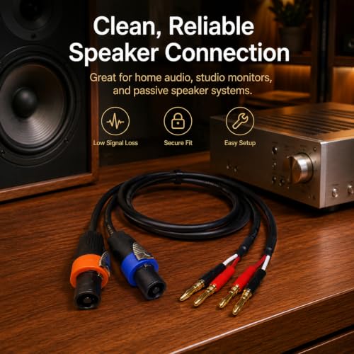 Speakon NL4FX to Banana Plug Speaker Cable 2-Pack, 12AWG 40A Heavy-Duty OFC, Twist-Lock for PA System, Live Sound, Stage, DJ, for QSC, Crown, Yamaha, JBL Amplifier