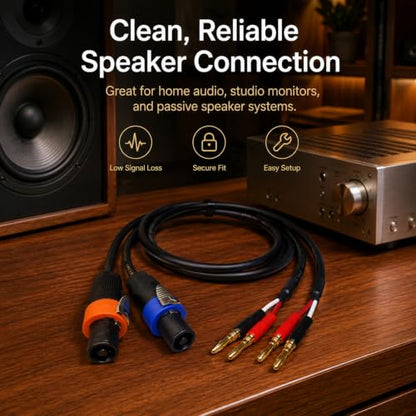 Speakon NL4FX to Banana Plug Speaker Cable 2-Pack, 12AWG 40A Heavy-Duty OFC, Twist-Lock for PA System, Live Sound, Stage, DJ, for QSC, Crown, Yamaha, JBL Amplifier