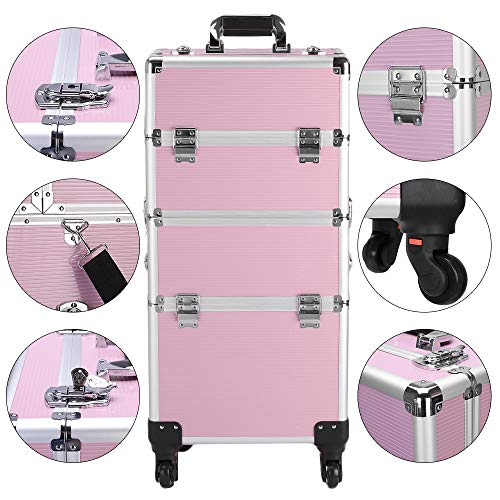 mefeir 3 in 1 Rolling Makeup Train Case, Large Cosmetic Trolley with 360° Rotation Wheels & 2 Drawers, Professional for Makeup & Tattoo Artist & Hairstylist - color: Pink