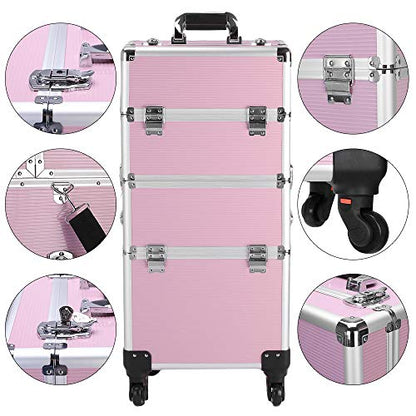 mefeir 3 in 1 Rolling Makeup Train Case, Large Cosmetic Trolley with 360° Rotation Wheels & 2 Drawers, Professional for Makeup & Tattoo Artist & Hairstylist - color: Pink