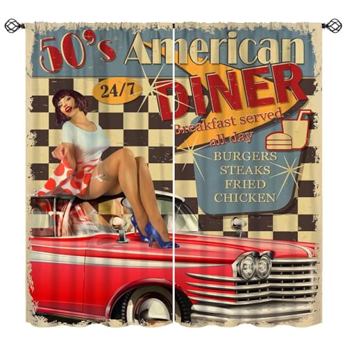 50s American Diner Curtains Rural Retro Restaurant Car Burgers Steaks Blackout Window Treatment for Men Teens Bedroom Playroom Home Decor Window Drapes 42" W X 45" L - color: Style-12, size: 20.5"W x 44.5"L (Pack of 2)