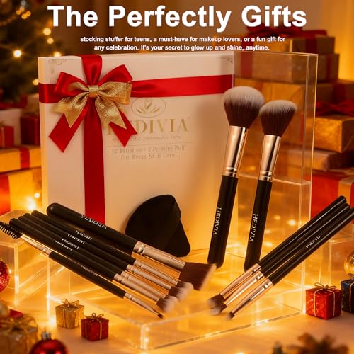 Black Makeup Brushes Set 14 Pcs Professional, Premium Synthetic Foundation Makeup Brush Concealer Powder Blush Eyeshadow Brushes with 2 Powder Puff & Dual-ended Mask Applicator.Gifts for Girls - color: black