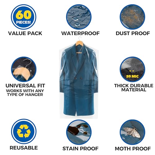 60-Pack Dry Cleaning Bags for Clothes 40-Inch Long - Clear Plastic Garment Bags for Hanging Clothes, Dry Cleaner Plastic Clothing Cover for Suits, Coat, Shirt, & Pants - color: Clear - 40 Inch Length