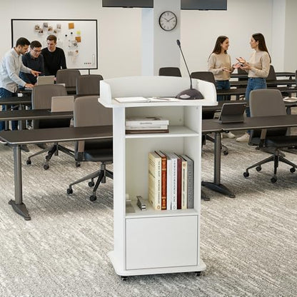 Podium Stand with Metal Wheels Wooden Lectern Podium Stand Portable Pulpit Standing with Storage Mobile Reception Podiums Desk for Church Office School Conference Restaurant Meeting, White - color: White