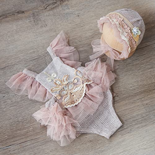 Zeroest Baby Girls Photography Lace Outfits & Props | Newborn Girl Photo Shoot Set with Romper, Headbands, Infant Photoshoot Prop - color: Wheat
