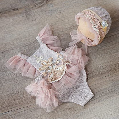 Zeroest Baby Girls Photography Lace Outfits & Props | Newborn Girl Photo Shoot Set with Romper, Headbands, Infant Photoshoot Prop - color: Wheat