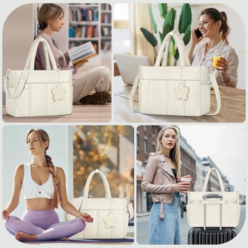 RAINSMORE Laptop Tote Bag for Women Puffer Work Bag Quilted Travel Bags - color: Beige