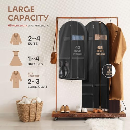 Lazebox 65" Travel Garment Bag with Accessories Zipper Pocket, Heavy Duty Suit Bag for Suits, Tuxedos, Dresses, Coats, Black, 2 packs - size: 65inch-2 packs-Black