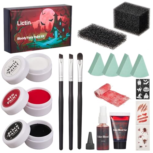 Lictin Special Effects SFX Zombie Makeup Kit, Black White Red Colors Face Body Painting Palette with Scar Wax, Fake Blood Spray & Gel, Vampire Skeleton Clown Makeup Body Paint (18PCS) - size: 18PCS