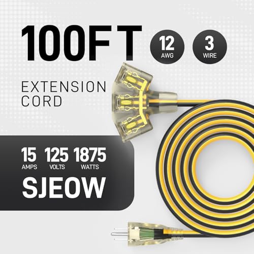 100ft 12/3 Heavy Duty 3-Outlet LED Locking Plug Outdoor Extension Cord ETL | 15A 1875W, SJEOW waterproof -58°F to 221°F, pure copper, construction, woodworking, metal cutting, generator
