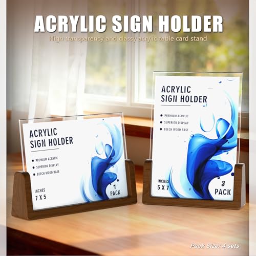 Walnut Wood U-Base 5"x7"Sign Holder Set – Premium U-Shaped Tabletop Display Stand with Clear Acrylic Panels,4Pack (3 Vertical + 1 Horizontal)5*7inches – Ideal for Photo, Menu, QR Code, Café, Home Décor