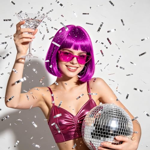 Short Bob Straight Hair Wigs with Bangs, Synthetic Fiber Colorful Hair, Cat Eye Glasses for Women (Purple) - color: Purple